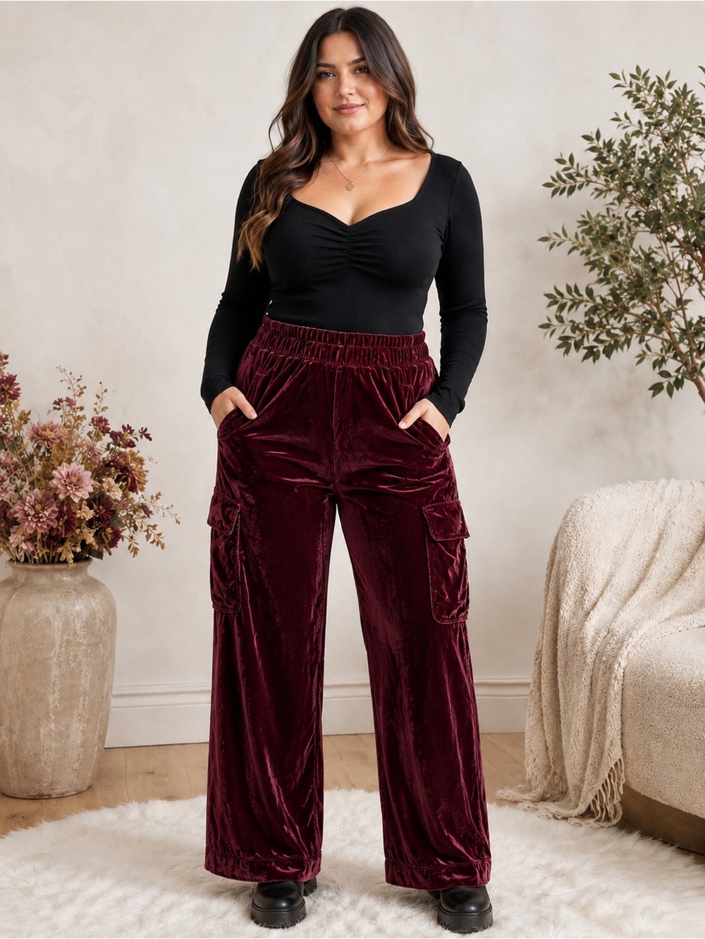 Universal Thread Women’s Burgundy Velvet Cargo Pants Size L New